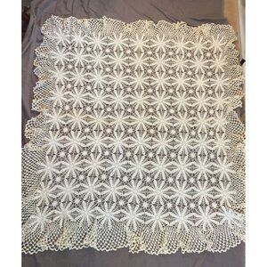 Lace Tablecloth Handmade Crochet  62" Sq Ivory Cotton Farmhouse Cottagecore